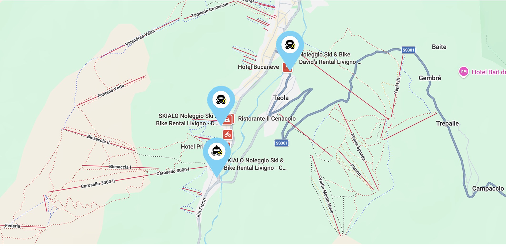 Carte de Livigno avec les trois points de retrait Skialo