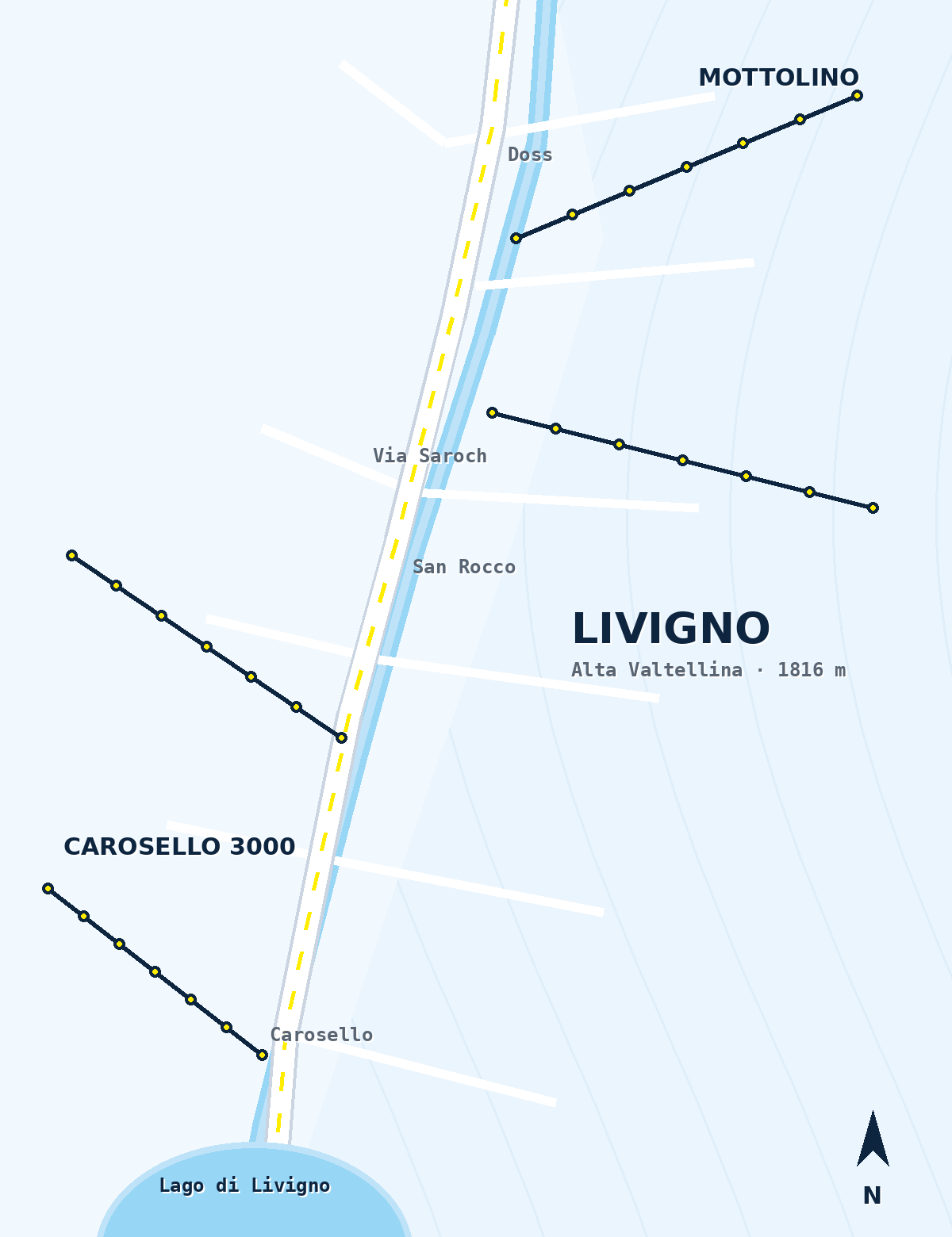 Carte de Livigno avec les magasins Skialo San Rocco et Carosello 3000